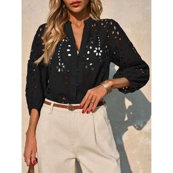 Womens Cotton Deep V Neck Eyelet Blouse 3/4 Balloon Sleeve Casual Elegant - Picture 3 of 8